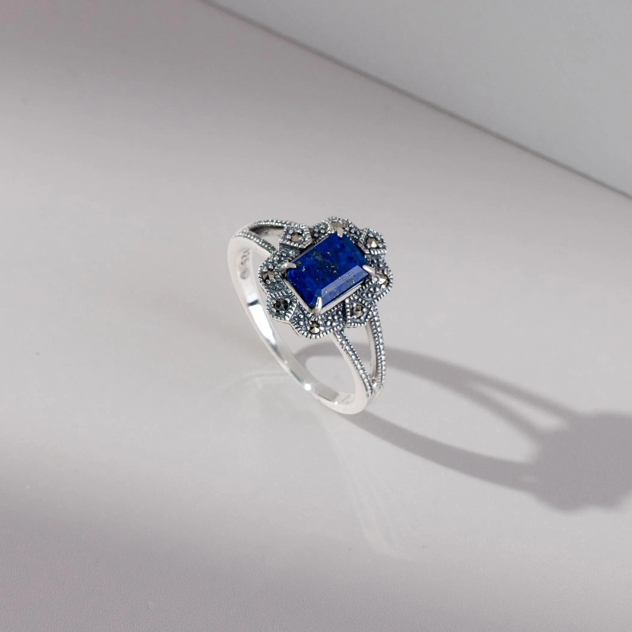 Art Deco Style Baguette Lapis Lazuli & Marcasite Ring in 925 Sterling Silver sold by Gemondo Jewellery product image thumbnail 3