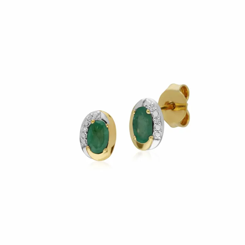 Classic Oval Emerald & Diamond Stud Earrings in Two Tone 9ct Yellow Gold sold by Gemondo Jewellery