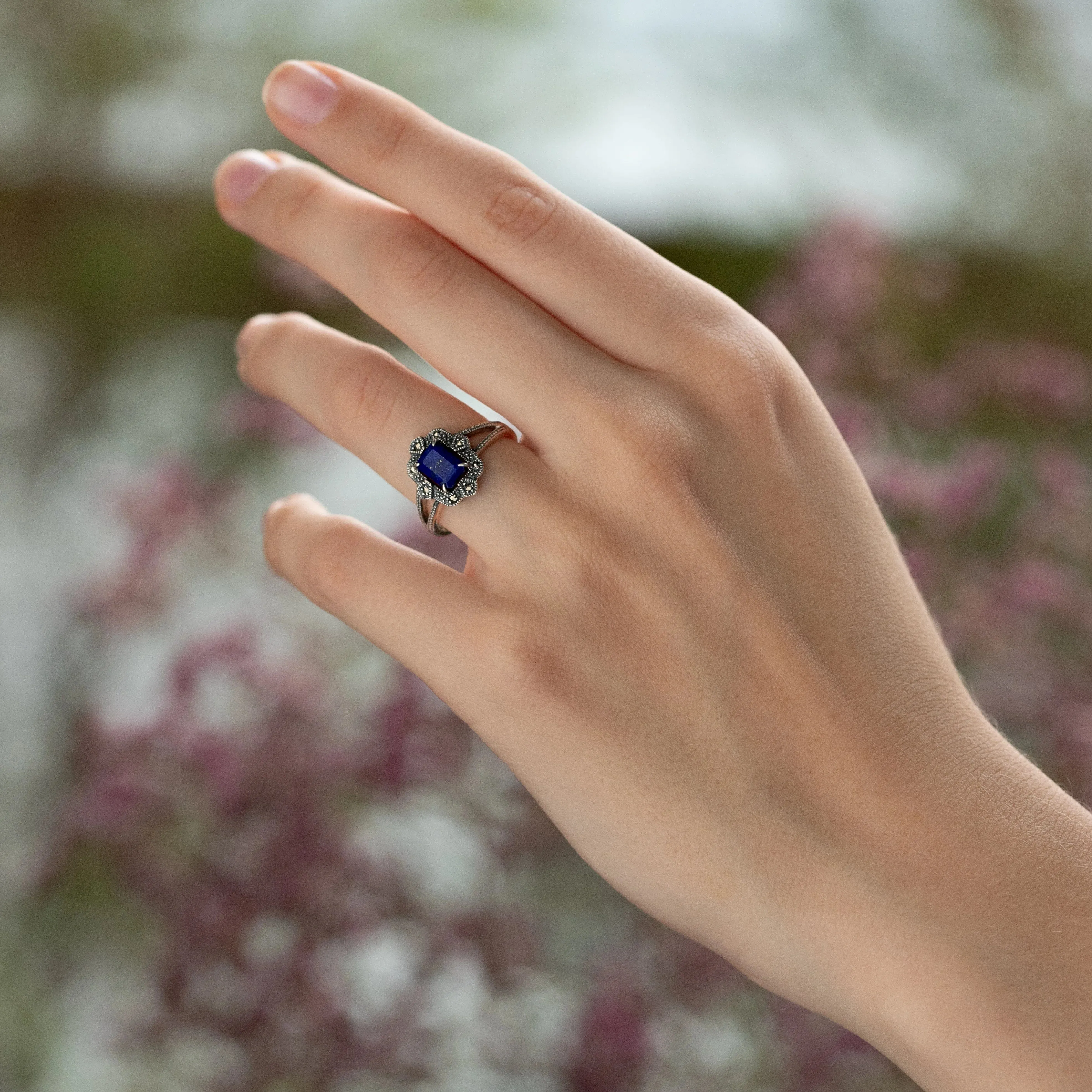 Art Deco Style Baguette Lapis Lazuli & Marcasite Ring in 925 Sterling Silver sold by Gemondo Jewellery product image thumbnail 2