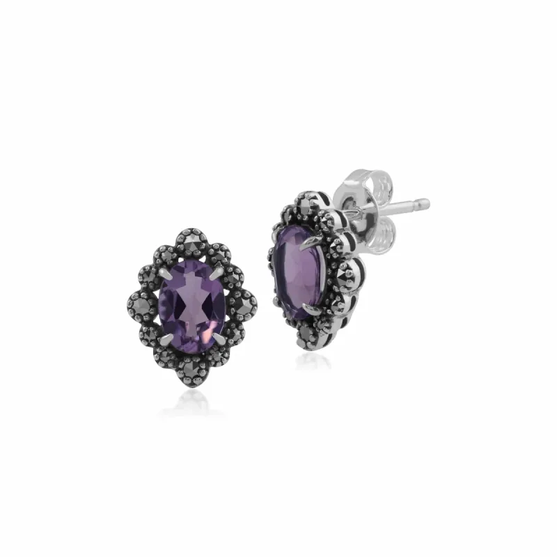 Gemondo Sterling Silver Amethyst & Marcasite Art Deco Stud Earrings sold by Gemondo Jewellery