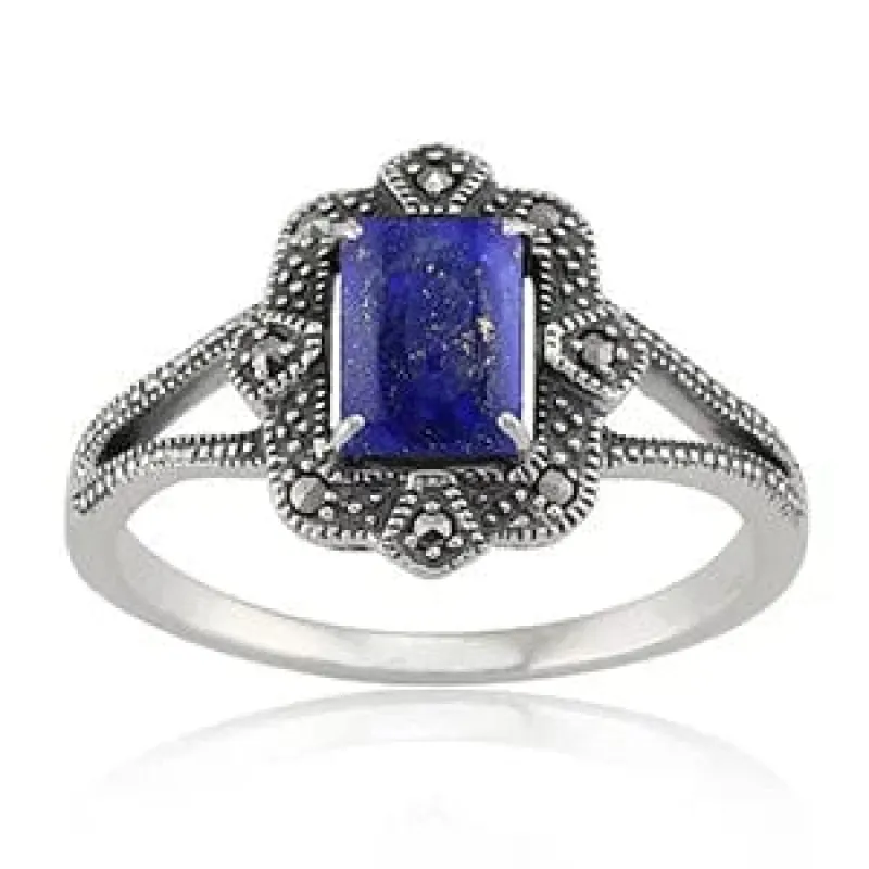 Art Deco Style Baguette Lapis Lazuli & Marcasite Ring in 925 Sterling Silver sold by Gemondo Jewellery