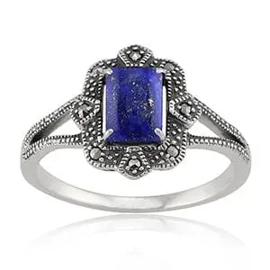 Art Deco Style Baguette Lapis Lazuli & Marcasite Ring in 925 Sterling Silver sold by Gemondo Jewellery