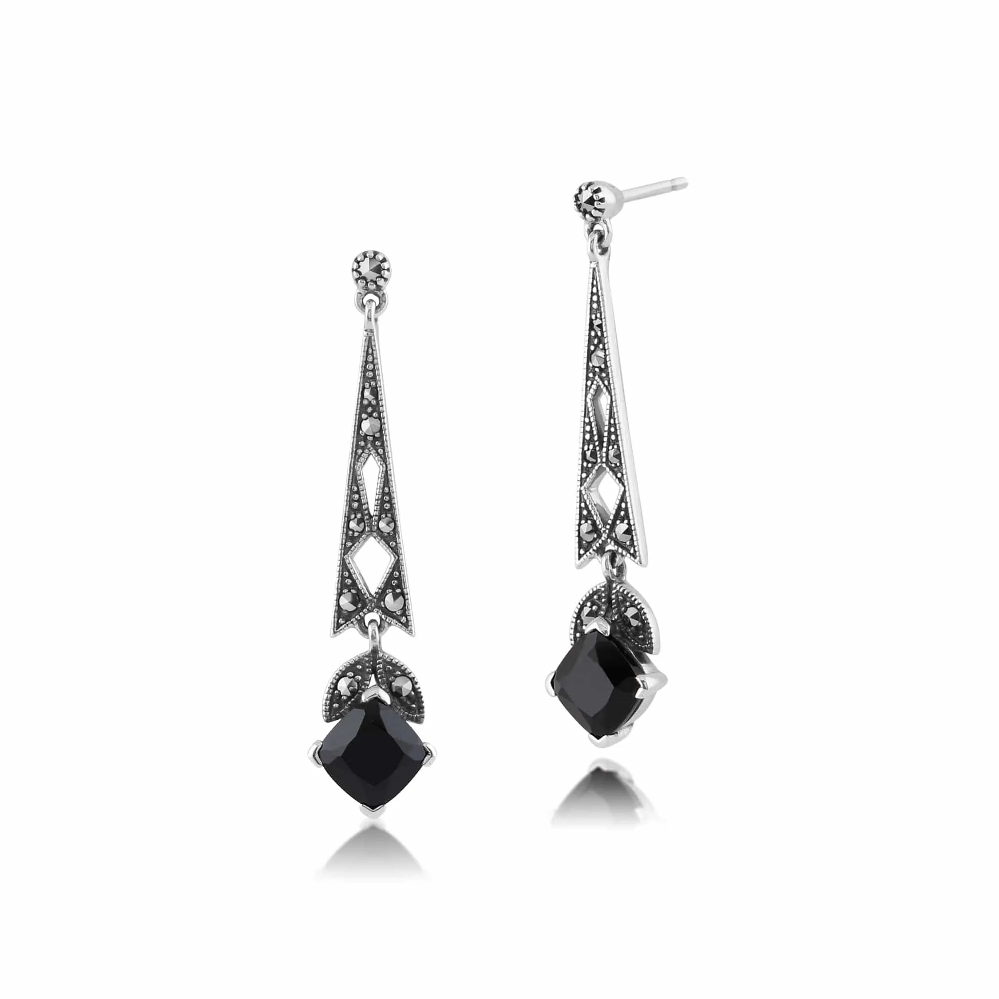Art Deco Style Cushion Black Spinel & Marcasite Drop Earrings in 925 Sterling Silver sold by Gemondo Jewellery
