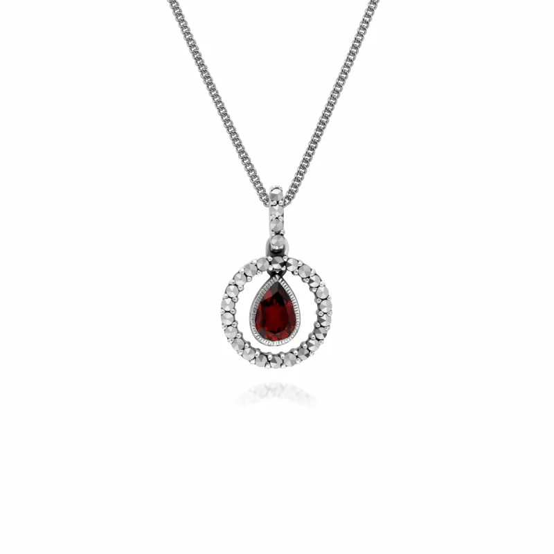 Classic Pear Garnet & Marcasite Halo Pendant in 925 Sterling Silver sold by Gemondo Jewellery