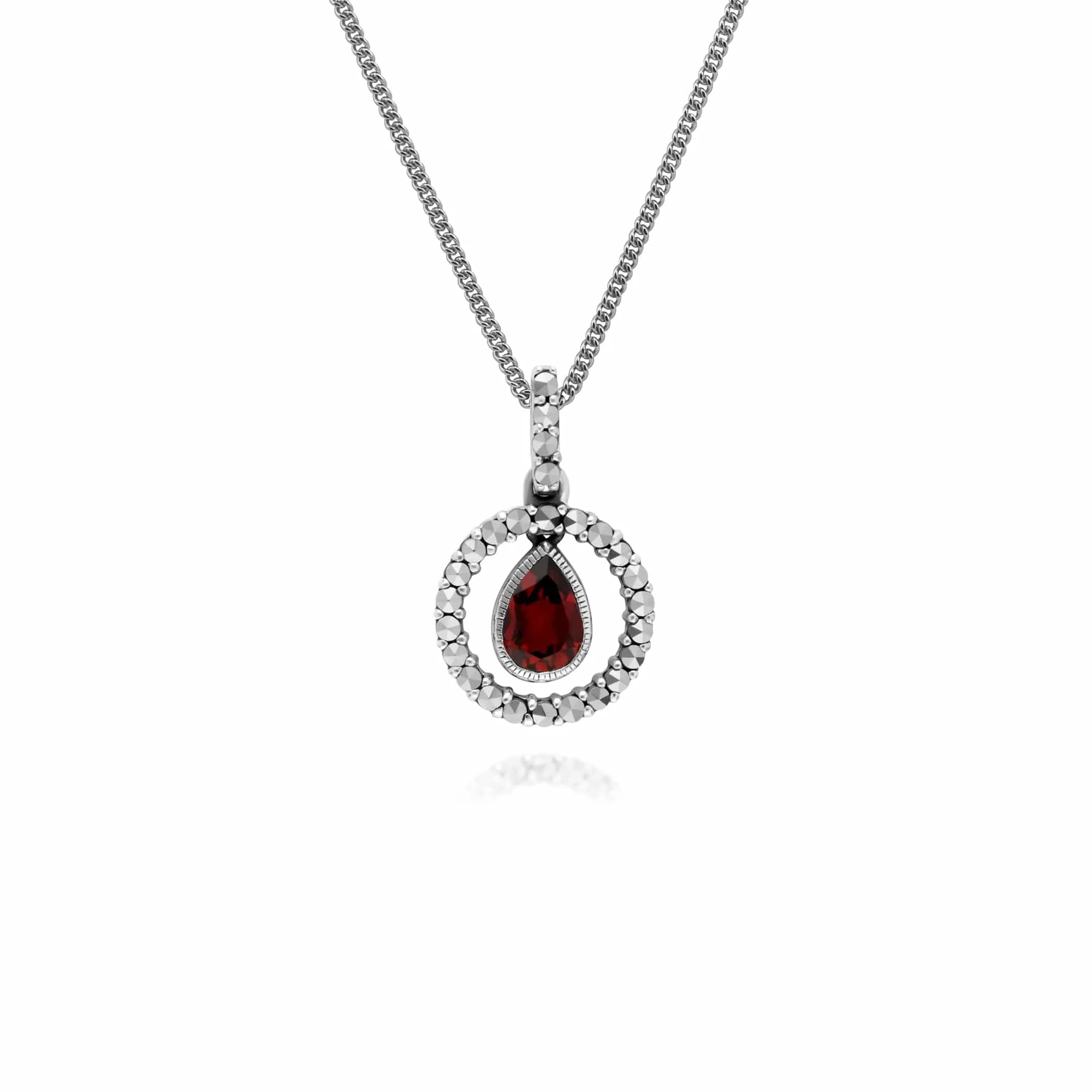 Classic Pear Garnet & Marcasite Halo Pendant in 925 Sterling Silver sold by Gemondo Jewellery