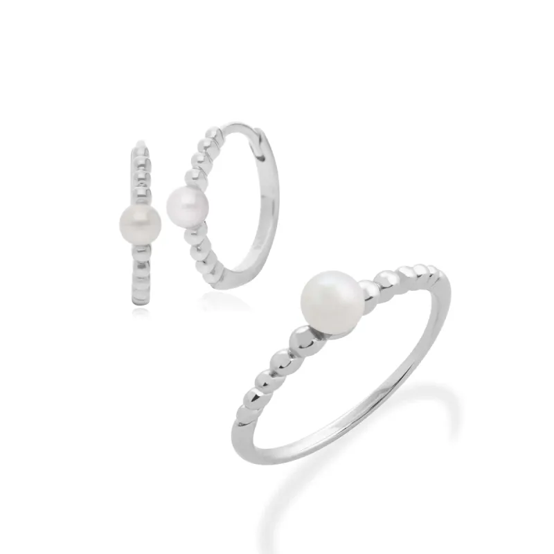 Essential Round Pearl Hoop Earrings & Ring Set in 925 Sterling Silver sold by Gemondo Jewellery