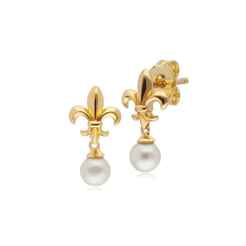 ECFEW™ Pearl Fleur De Lis Drop Earrings In 9ct Yellow Gold sold by Gemondo Jewellery