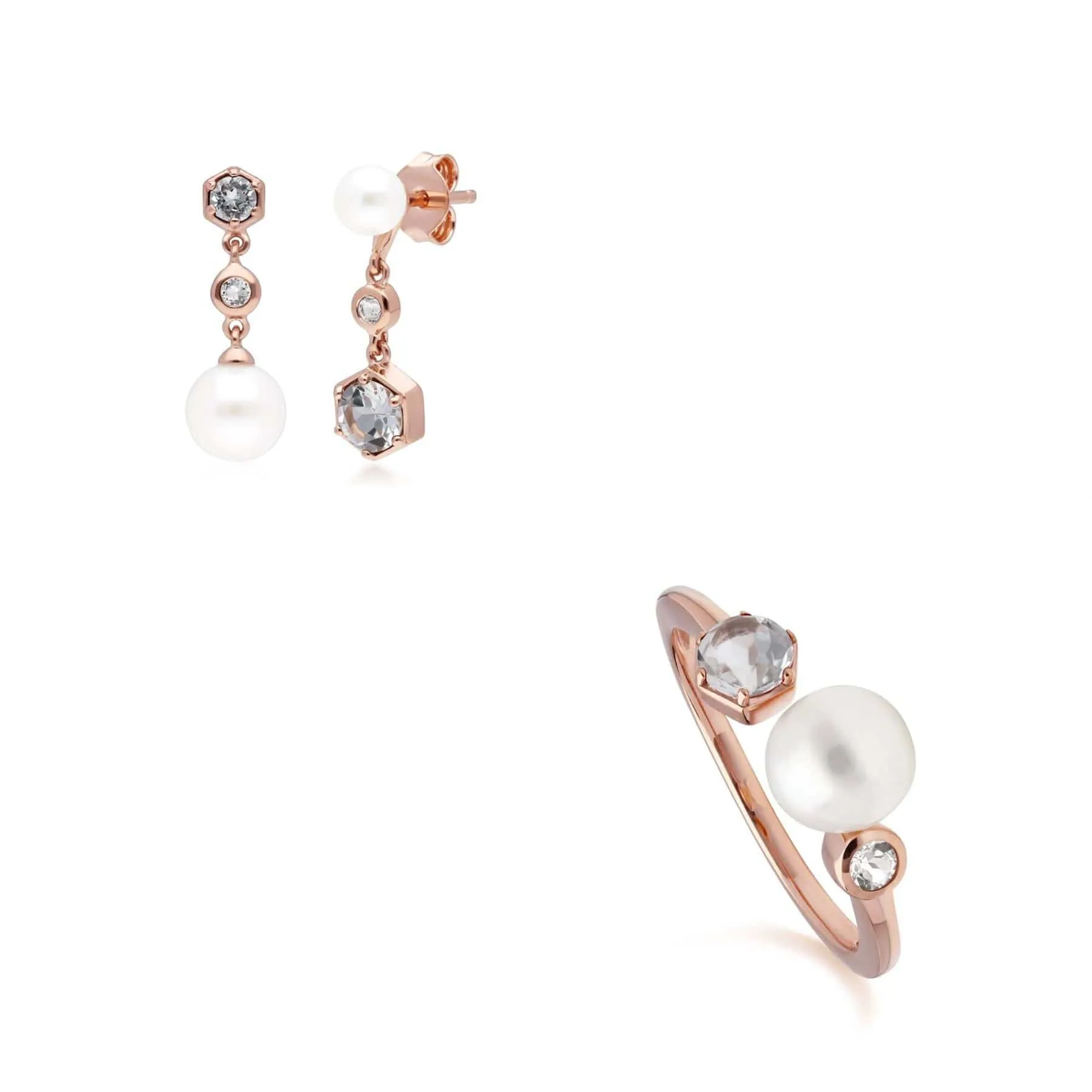 Modern Pearl & White Topaz Earring & Ring Set in Rose Gold Plated Silver sold by Gemondo Jewellery