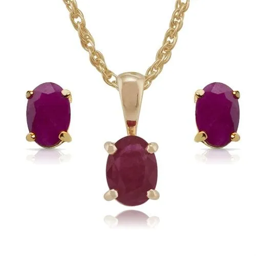 Classic Oval Ruby Single Stone 9ct gold Stud Earrings & Pendant Set sold by Gemondo Jewellery