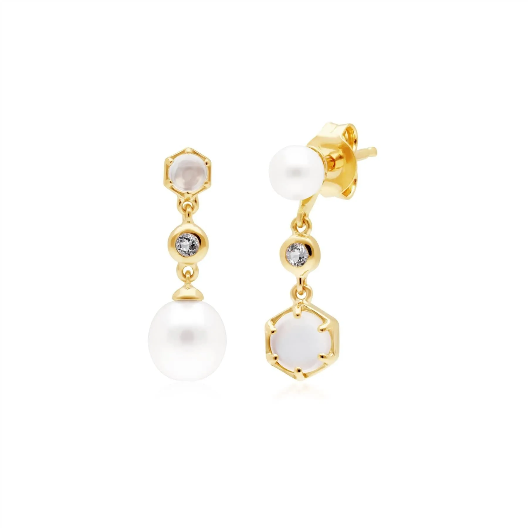 Modern Pearl, Moonstone & Topaz Mismatched Drop Earrings in Gold Plated Silver sold by Gemondo Jewellery