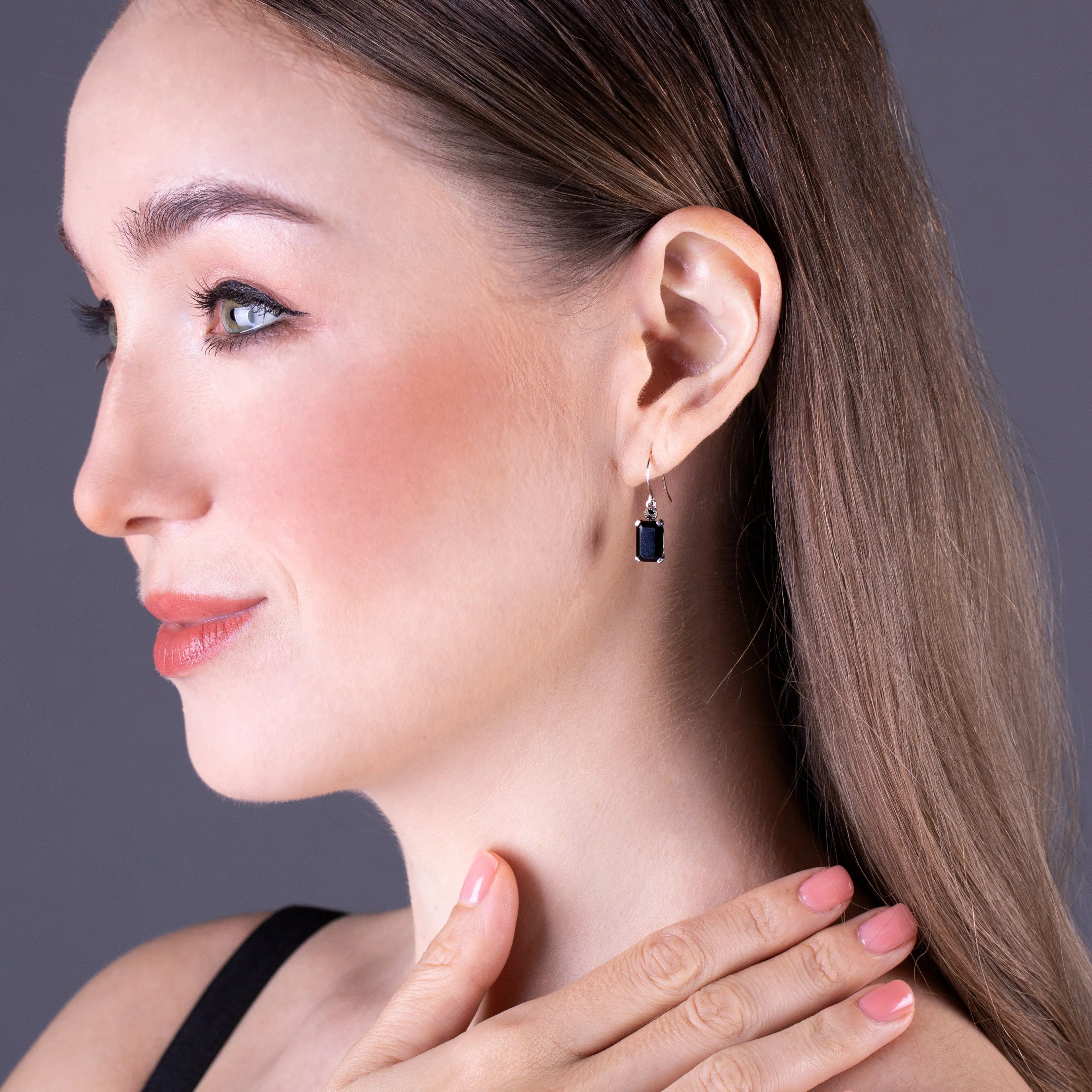 Art Deco Style Octagon Black Onyx & Marcasite Drop Earrings in 925 Sterling Silver sold by Gemondo Jewellery product image thumbnail 2