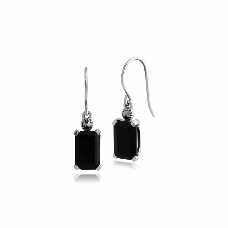 Art Deco Style Octagon Black Onyx & Marcasite Drop Earrings in 925 Sterling Silver sold by Gemondo Jewellery
