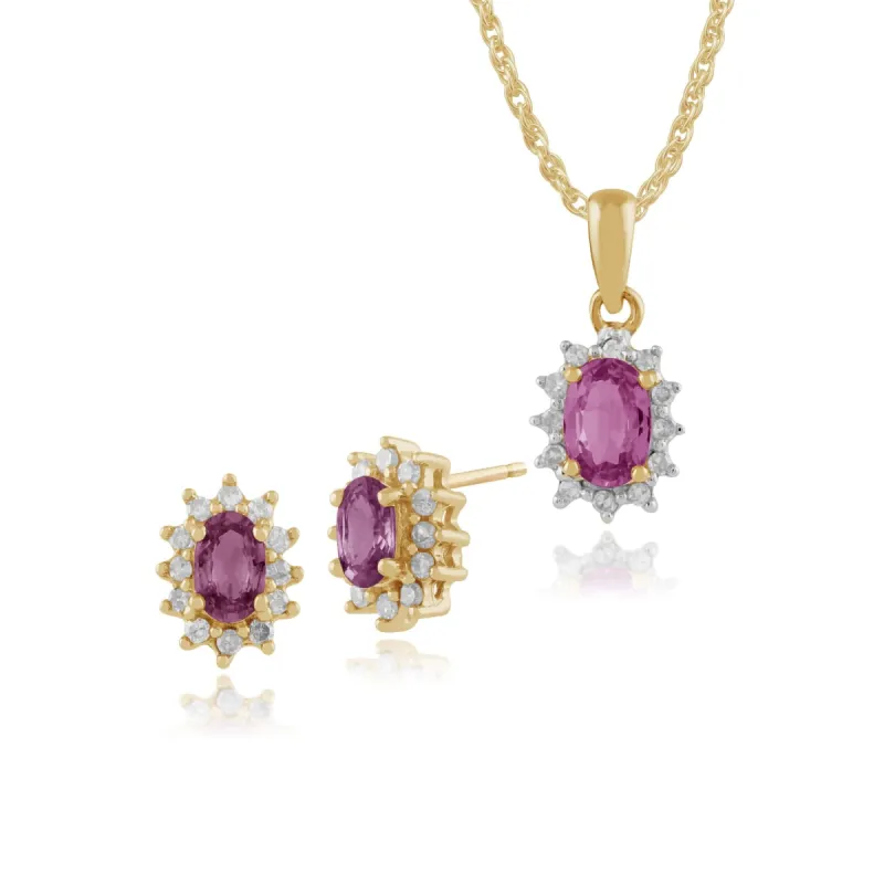 Classic Oval Pink Sapphire & Diamond Cluster Stud Earrings & Pendant Set in 9ct Yellow Gold sold by Gemondo Jewellery