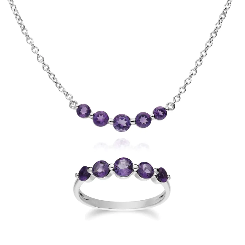 Classic Round Amethyst Five Stone Gradient Ring & Necklace Set in 925 Sterling Silver sold by Gemondo Jewellery
