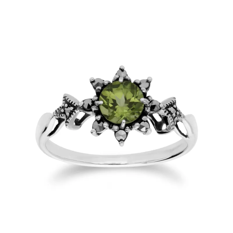 Art Deco Style Round Peridot & Marcasite Floral Ring in 925 Sterling Silver sold by Gemondo Jewellery