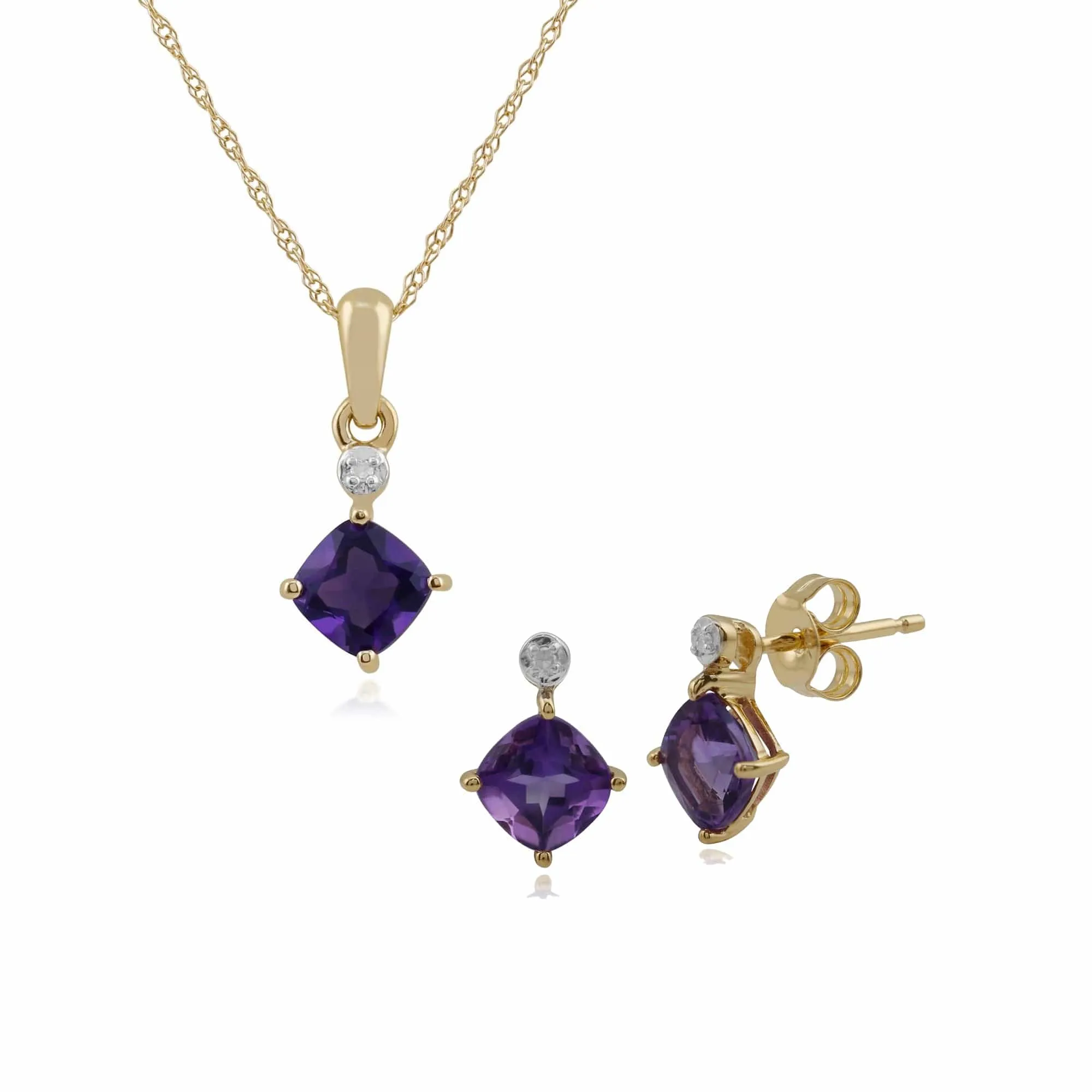 Classic Cushion Amethyst & Diamond Stud Earrings & Pendant Set in 9ct Yellow Gold sold by Gemondo Jewellery