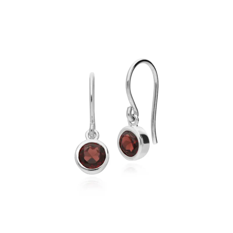 Essential Round Garnet Bezel Set Drop Earrings in 925 Sterling Silver sold by Gemondo Jewellery