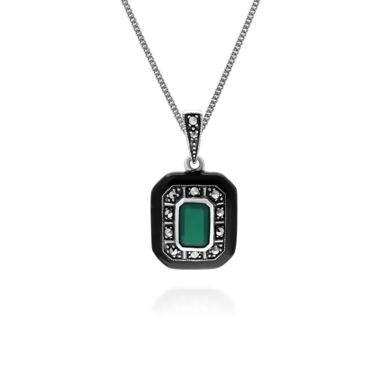 Art Deco Inspired Chalcedony, Enamel & Marcasite Pendant Necklace in Sterling Silver sold by Gemondo Jewellery