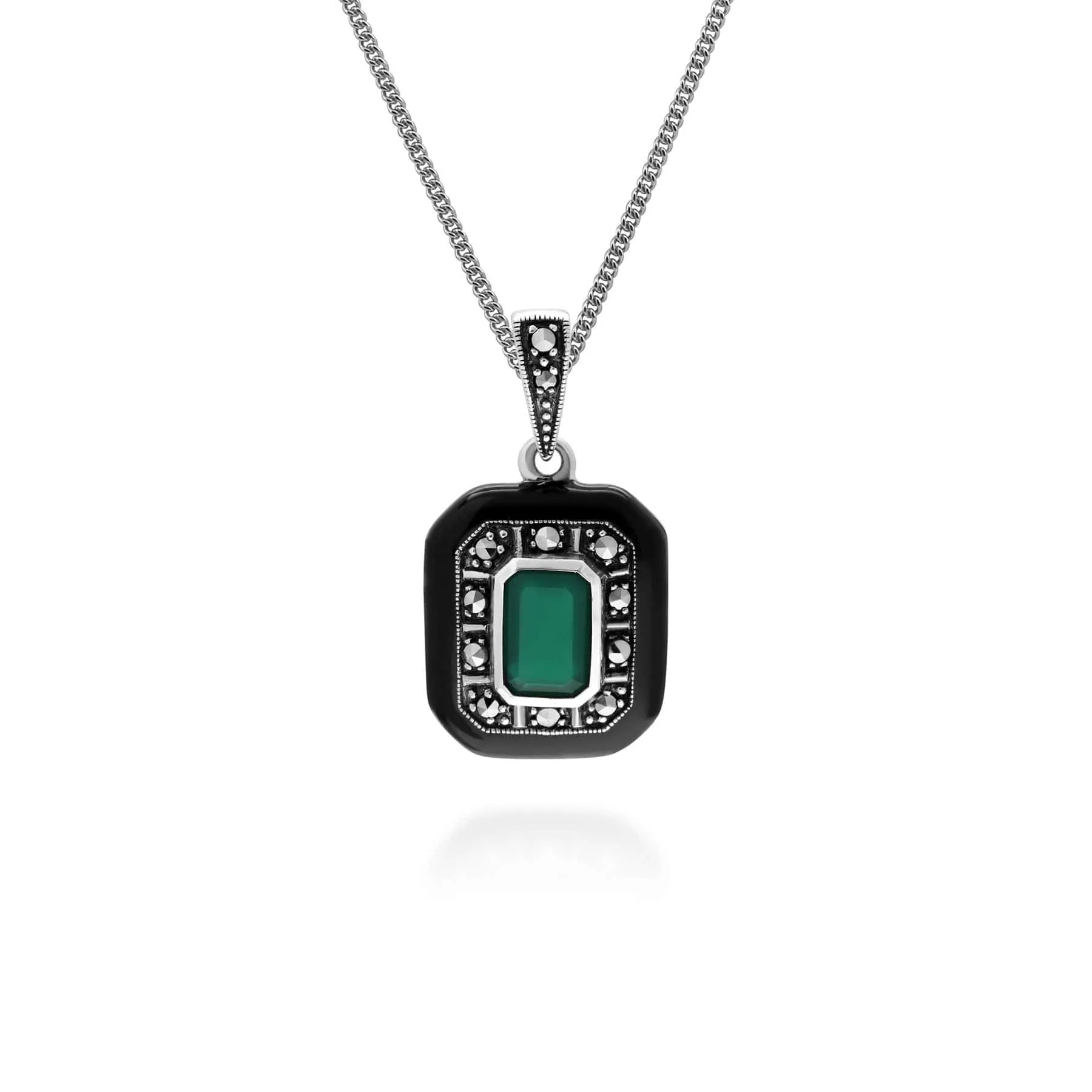 Art Deco Inspired Chalcedony, Enamel & Marcasite Pendant Necklace in Sterling Silver sold by Gemondo Jewellery