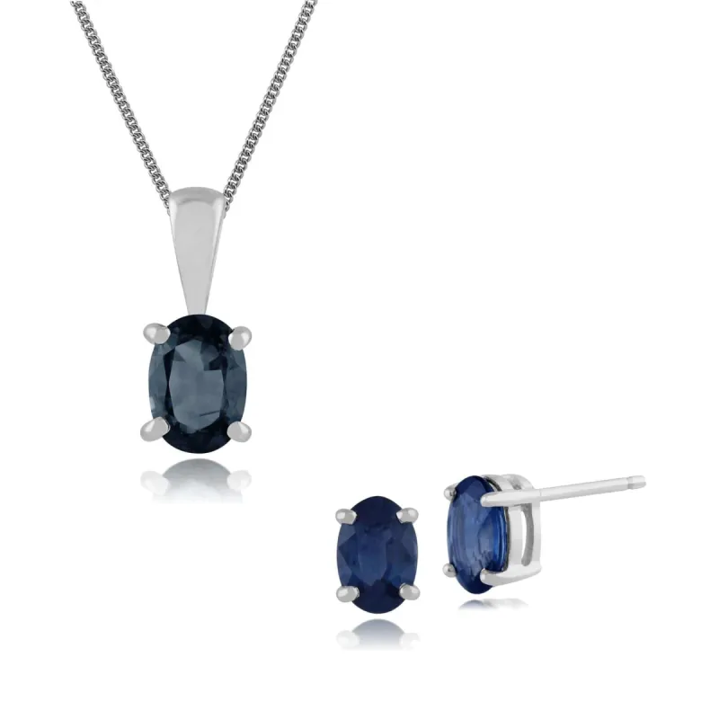 Classic Oval Sapphire Single Stone Stud Earrings & Pendant Set in 9ct White Gold sold by Gemondo Jewellery