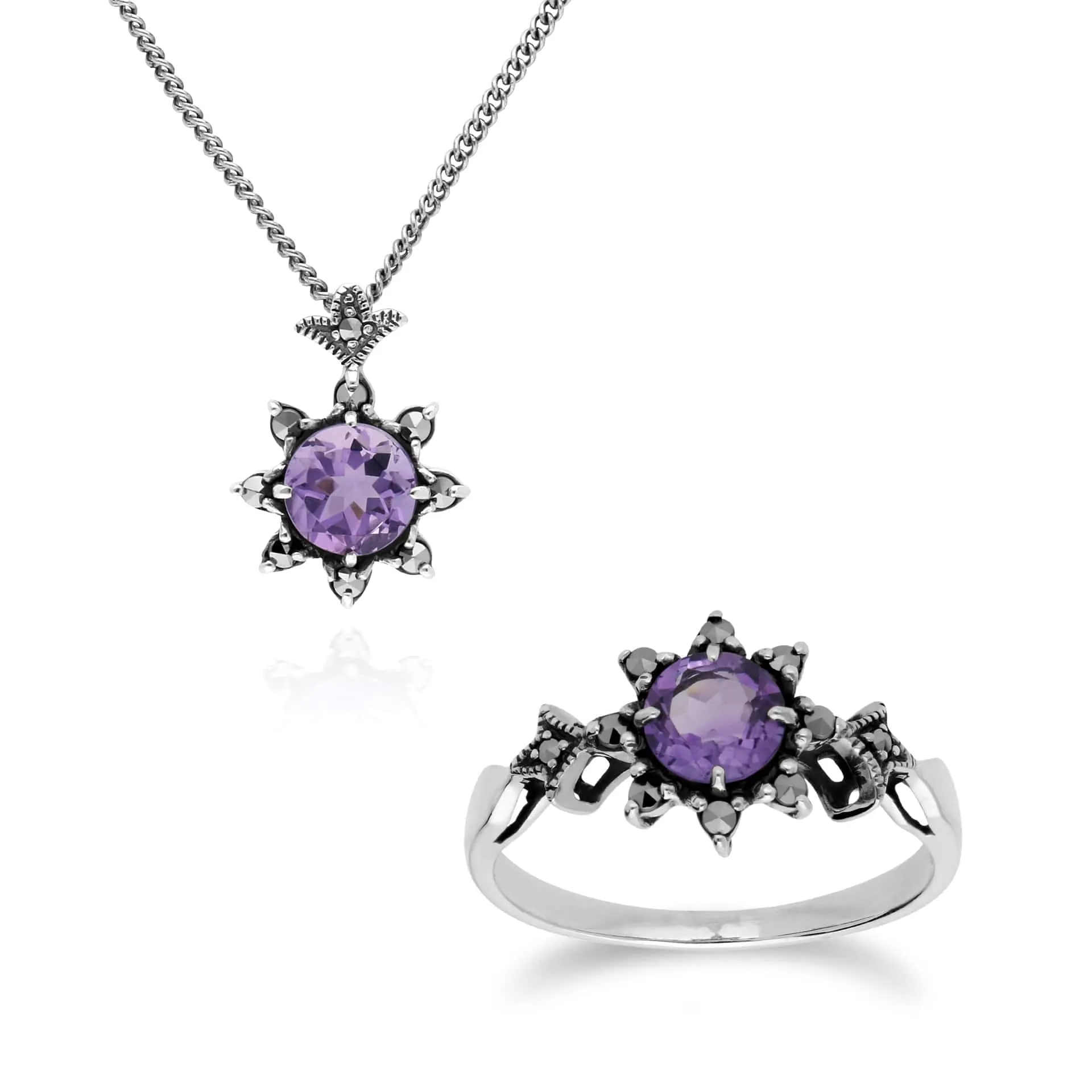 Art Nouveau Style Style Round Amethyst & Marcasite Starburst Pendant & Ring Set in 925 Sterling Silver sold by Gemondo Jewellery