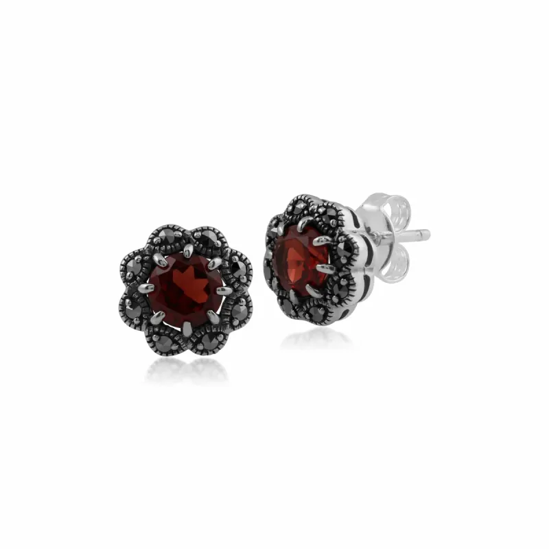 Floral Round Garnet & Marcasite Cluster Stud Earrings in 925 Sterling Silver sold by Gemondo Jewellery