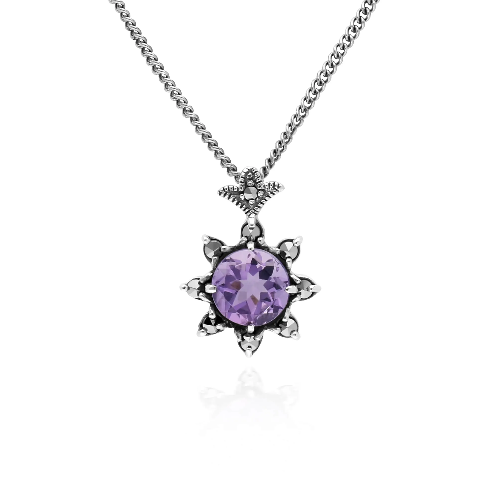 Art Nouveau Style Style Round Amethyst & Marcasite Starburst Pendant & Ring Set in 925 Sterling Silver sold by Gemondo Jewellery product image thumbnail 2