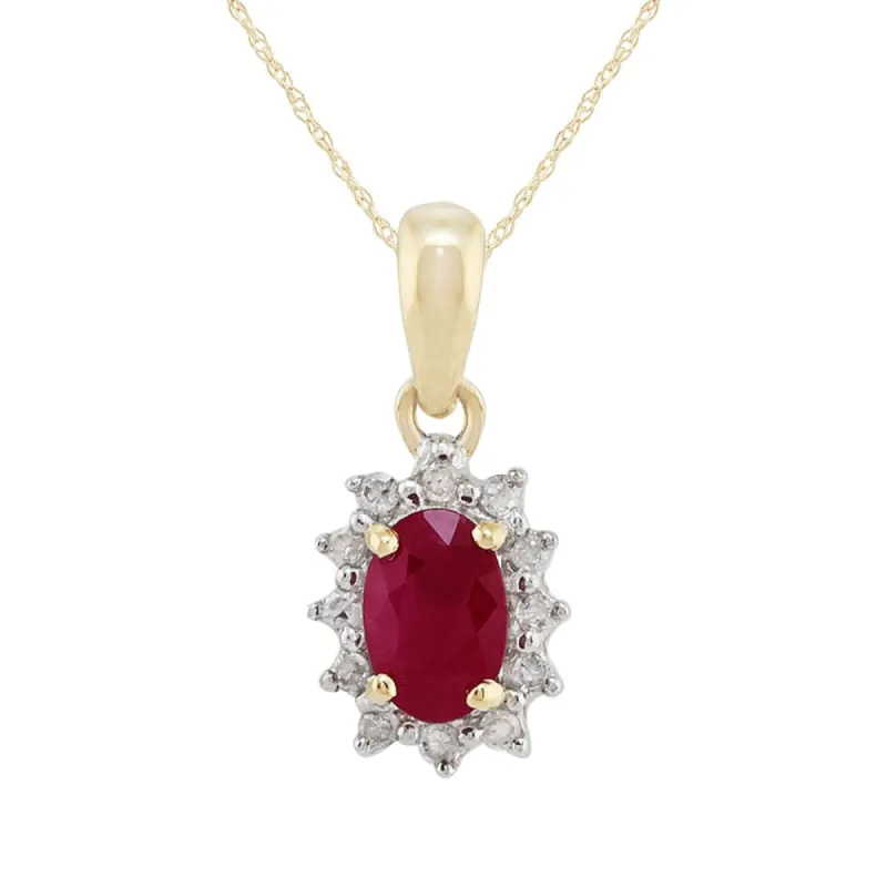 Classic Oval Ruby & Diamond Cluster Pendant in 9ct Yellow Gold sold by Gemondo Jewellery