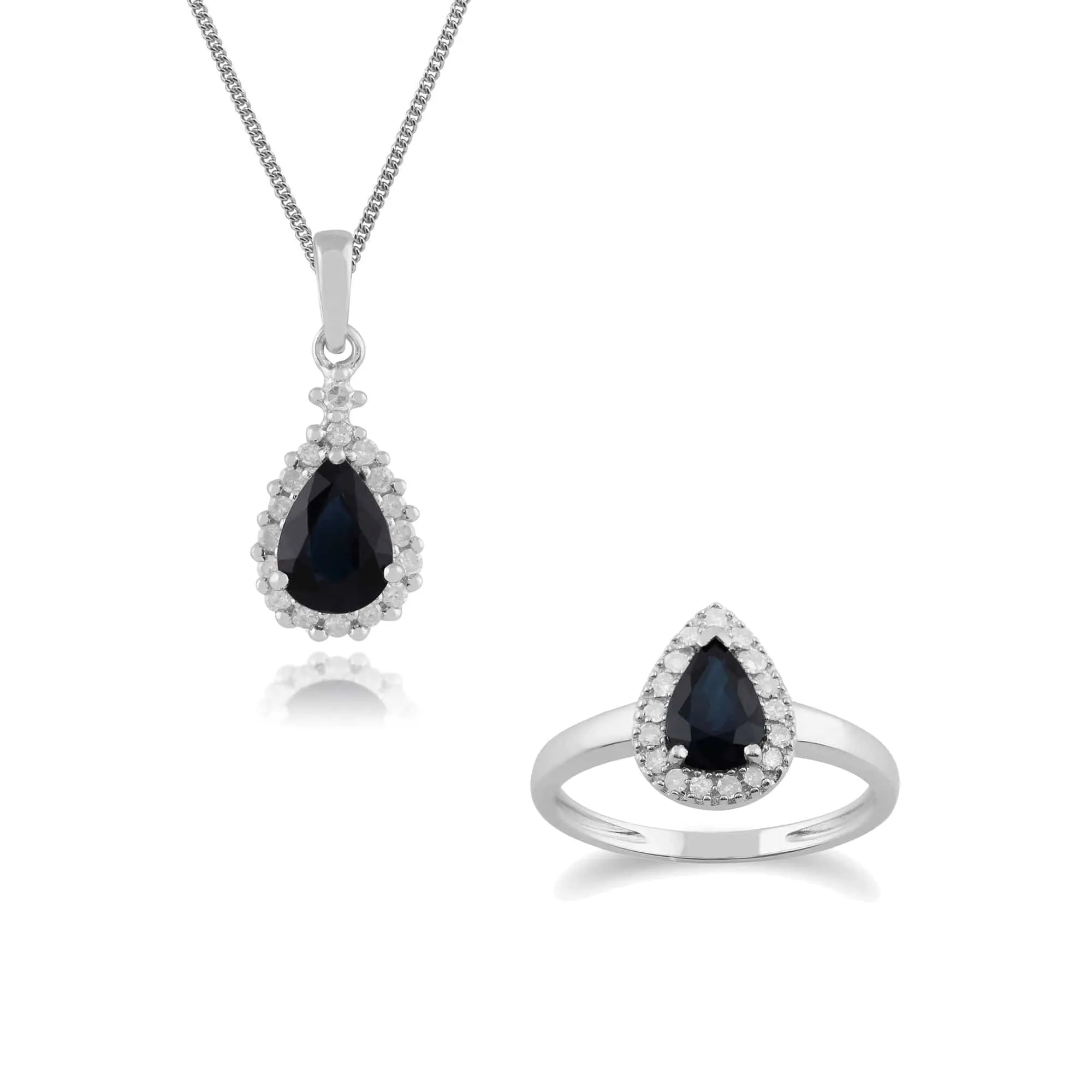 Classic Pear Sapphire & Diamond Halo Pendant & Ring Set in 9ct White Gold sold by Gemondo Jewellery