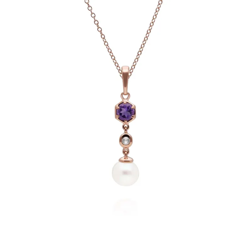 Modern Pearl, Amethyst & Topaz Drop Pendant in Rose Gold Plated Silver sold by Gemondo Jewellery