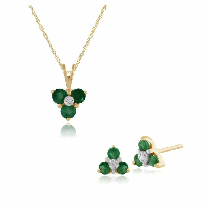 Floral Round Emerald & Diamond Stud Earrings & Pendant Set in 9ct Yellow Gold sold by Gemondo Jewellery