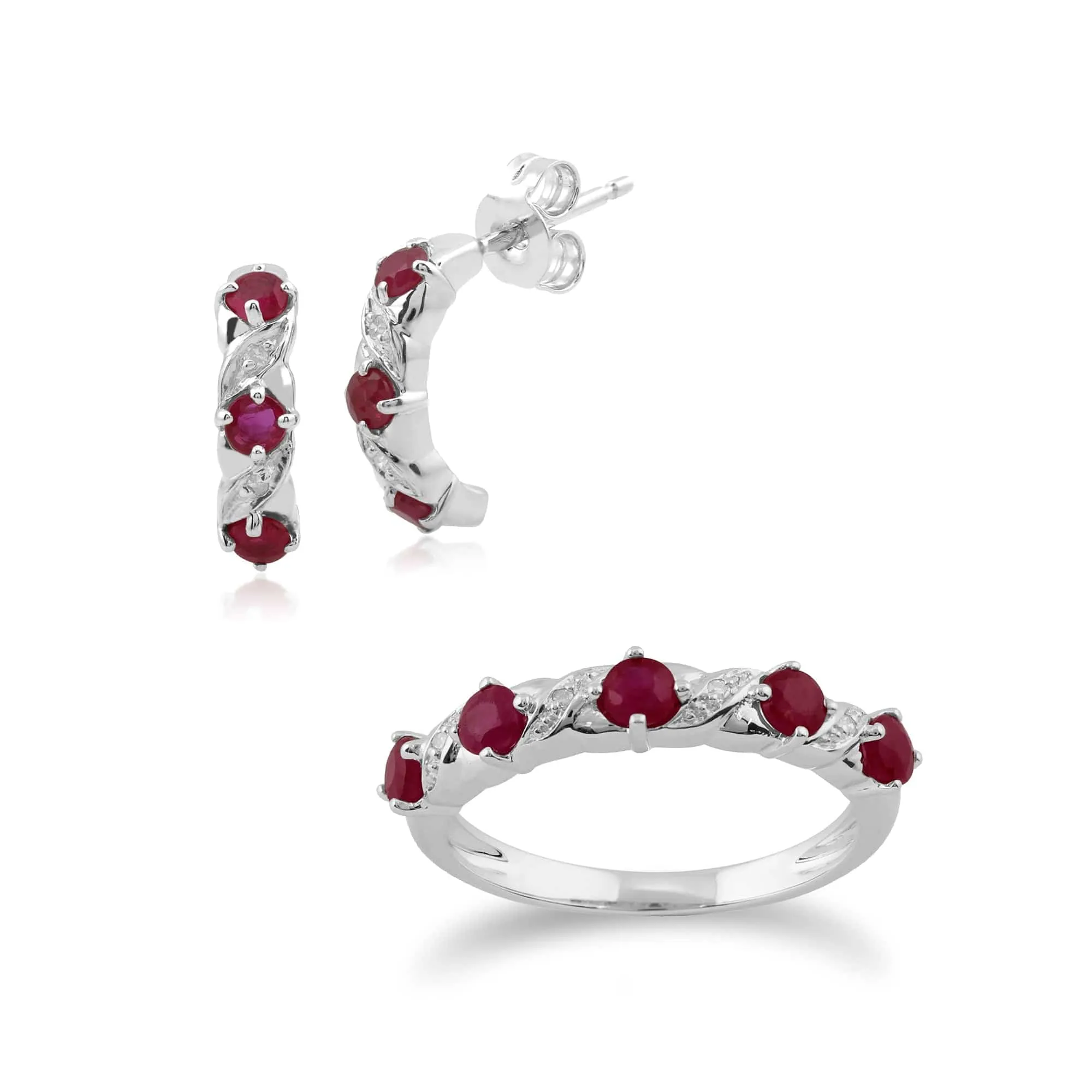 Classic Round Ruby & Diamond Half Hoop Earrings & Half Eternity Ring Set in 9ct White Gold sold by Gemondo Jewellery
