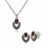 Art Deco Style Oval Garnet & Marcasite Stud Earrings & Pendant Set in 925 Sterling Silver sold by Gemondo Jewellery