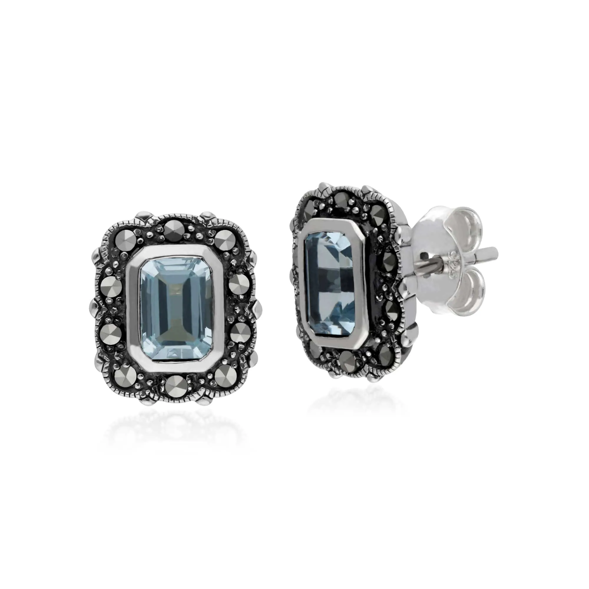 Gemondo Sterling Silver Blue Topaz & Marcasite Octagon Art Nouveau Earrings sold by Gemondo Jewellery