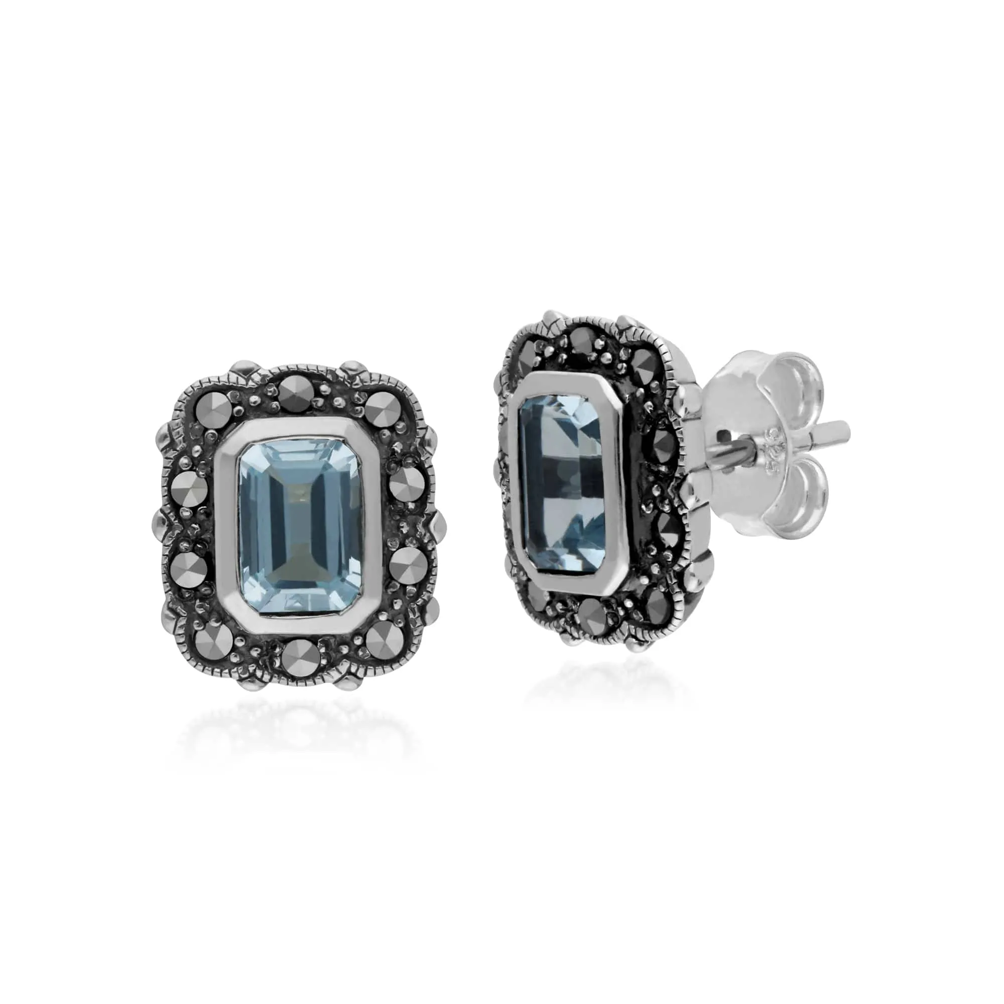 Gemondo Sterling Silver Blue Topaz & Marcasite Octagon Art Nouveau Earrings sold by Gemondo Jewellery product image thumbnail 2