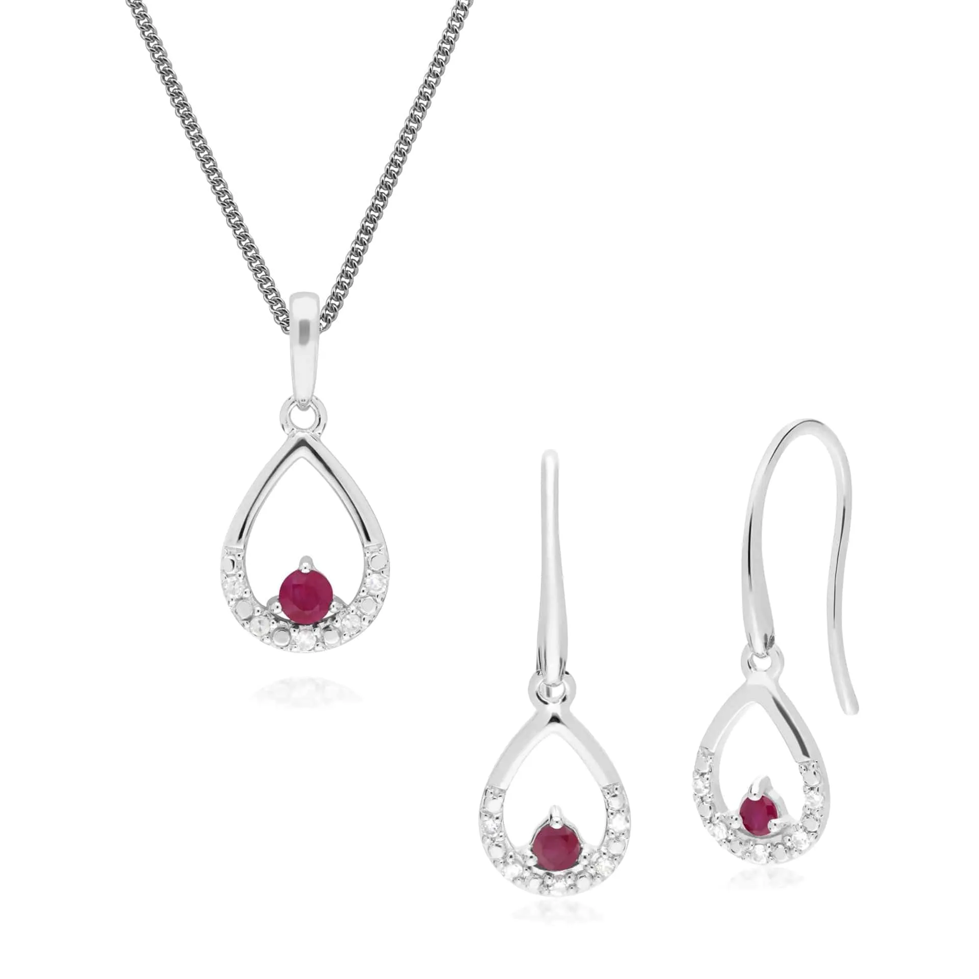 Classic Round Ruby & Diamond Tear Drop Earrings & Pendant Set in 9ct White Gold sold by Gemondo Jewellery