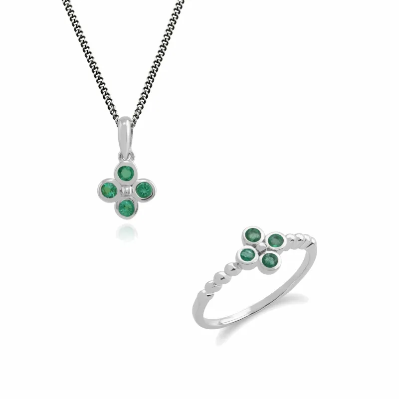 Floral Round Emerald Clover Pendant & Ring Set in 925 Sterling Silver sold by Gemondo Jewellery