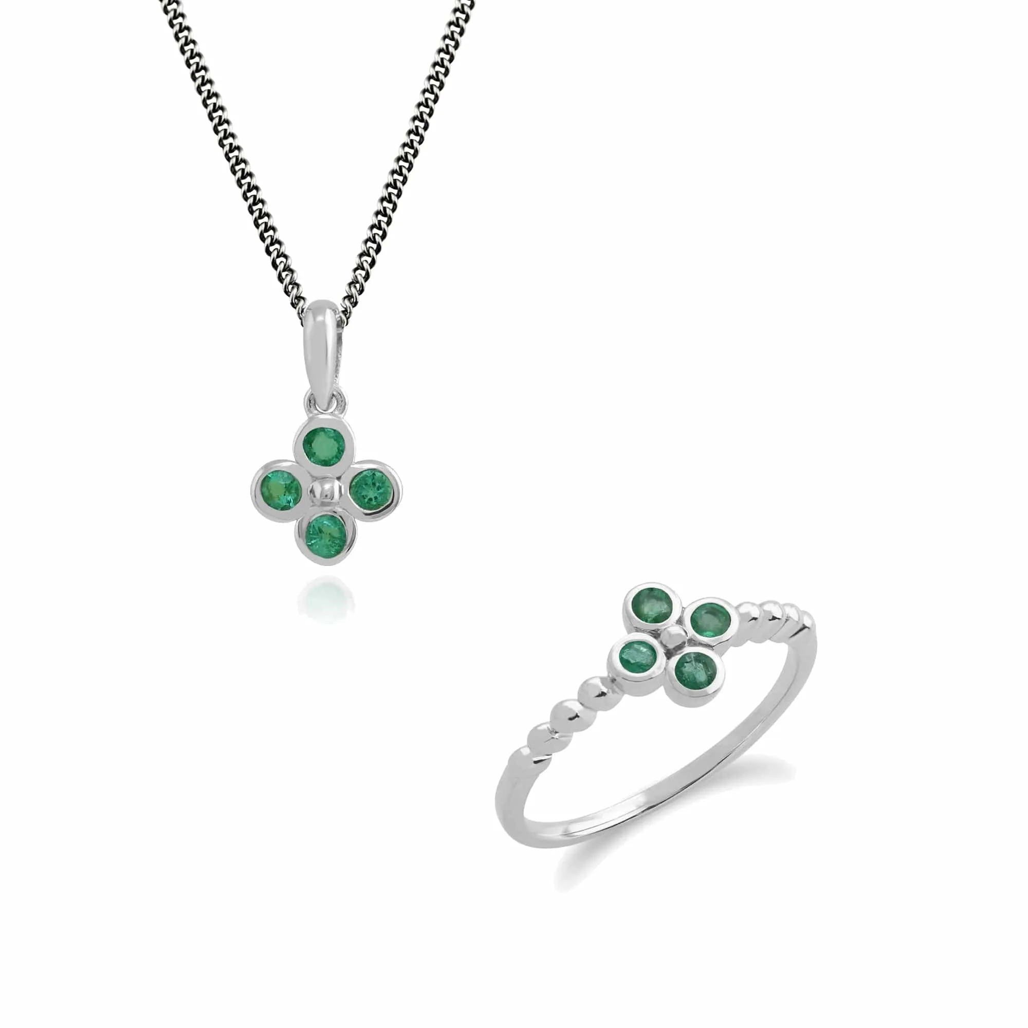 Floral Round Emerald Clover Pendant & Ring Set in 925 Sterling Silver sold by Gemondo Jewellery