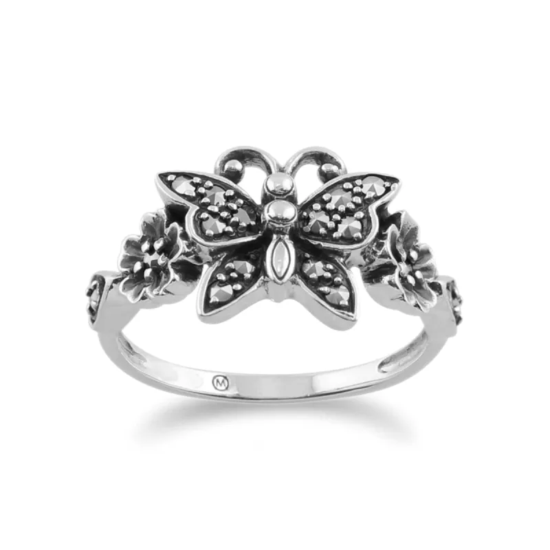 Art Nouveau Style Round Marcasite Butterfly Ring in 925 Sterling Silver sold by Gemondo Jewellery