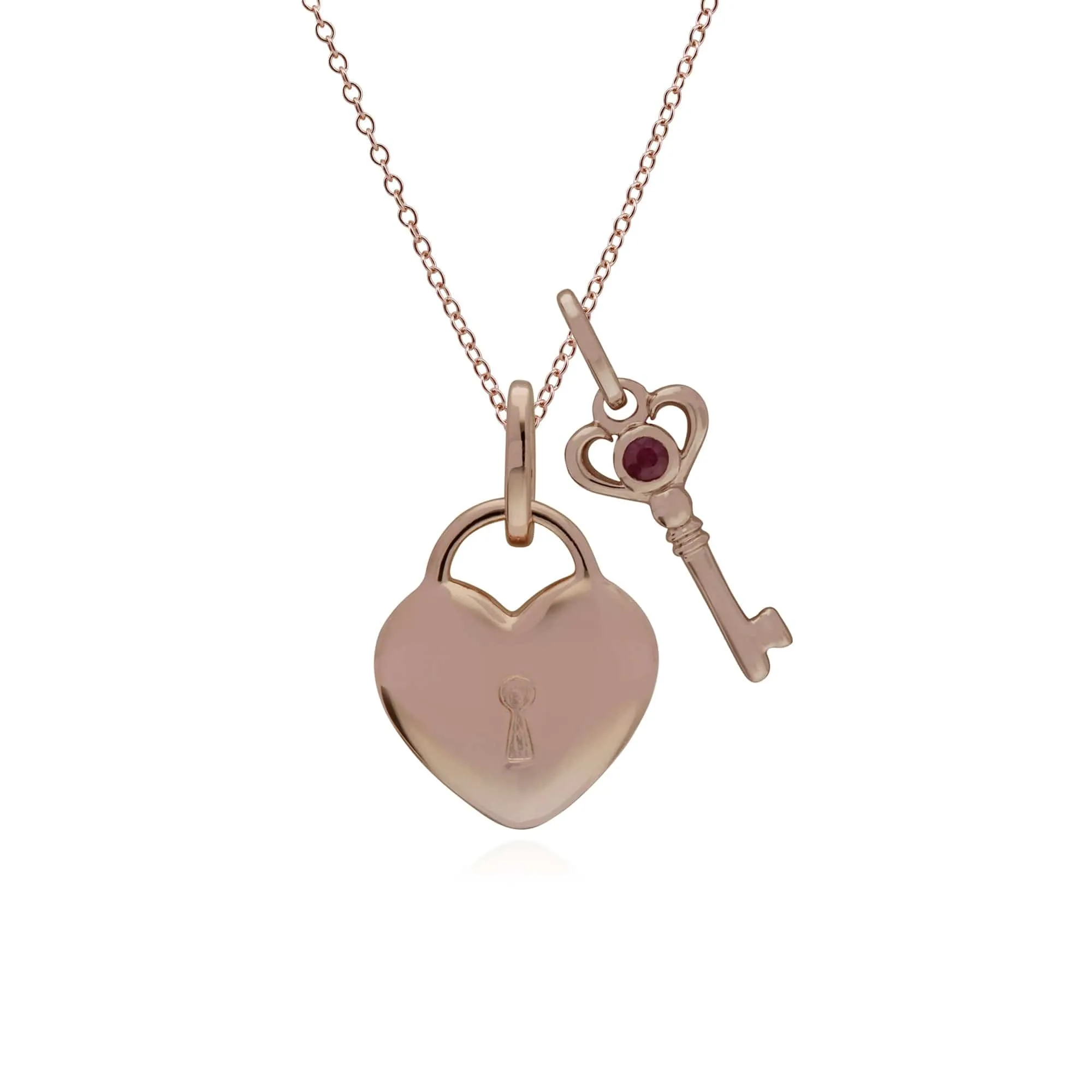 Classic Heart Lock Pendant & Ruby Key Charm in Rose Gold Plated 925 Sterling Silver sold by Gemondo Jewellery