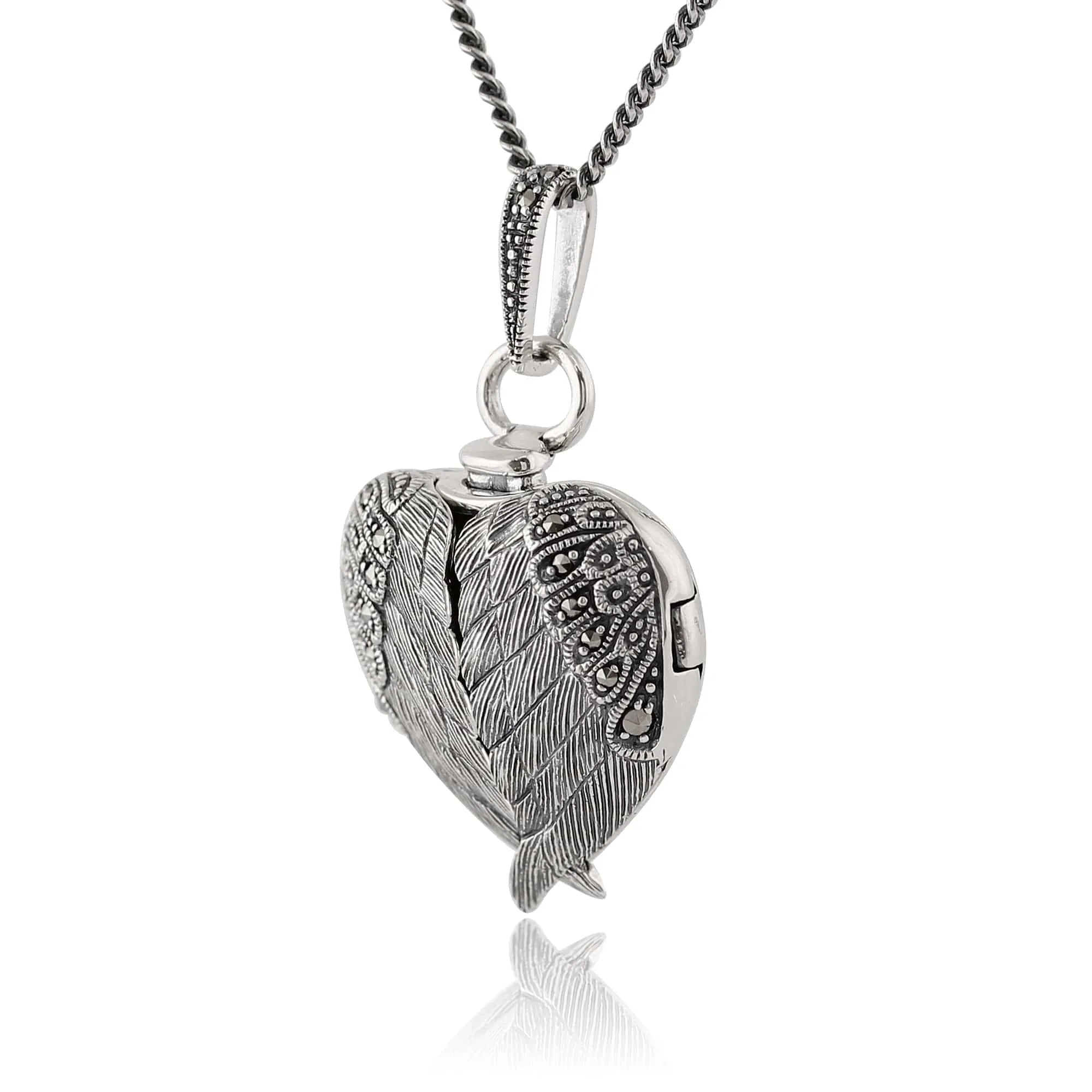 Art Nouveau Style Round Marcasite Angel Wing Heart Locket on Chain in 925 Sterling Silver sold by Gemondo Jewellery product image thumbnail 2