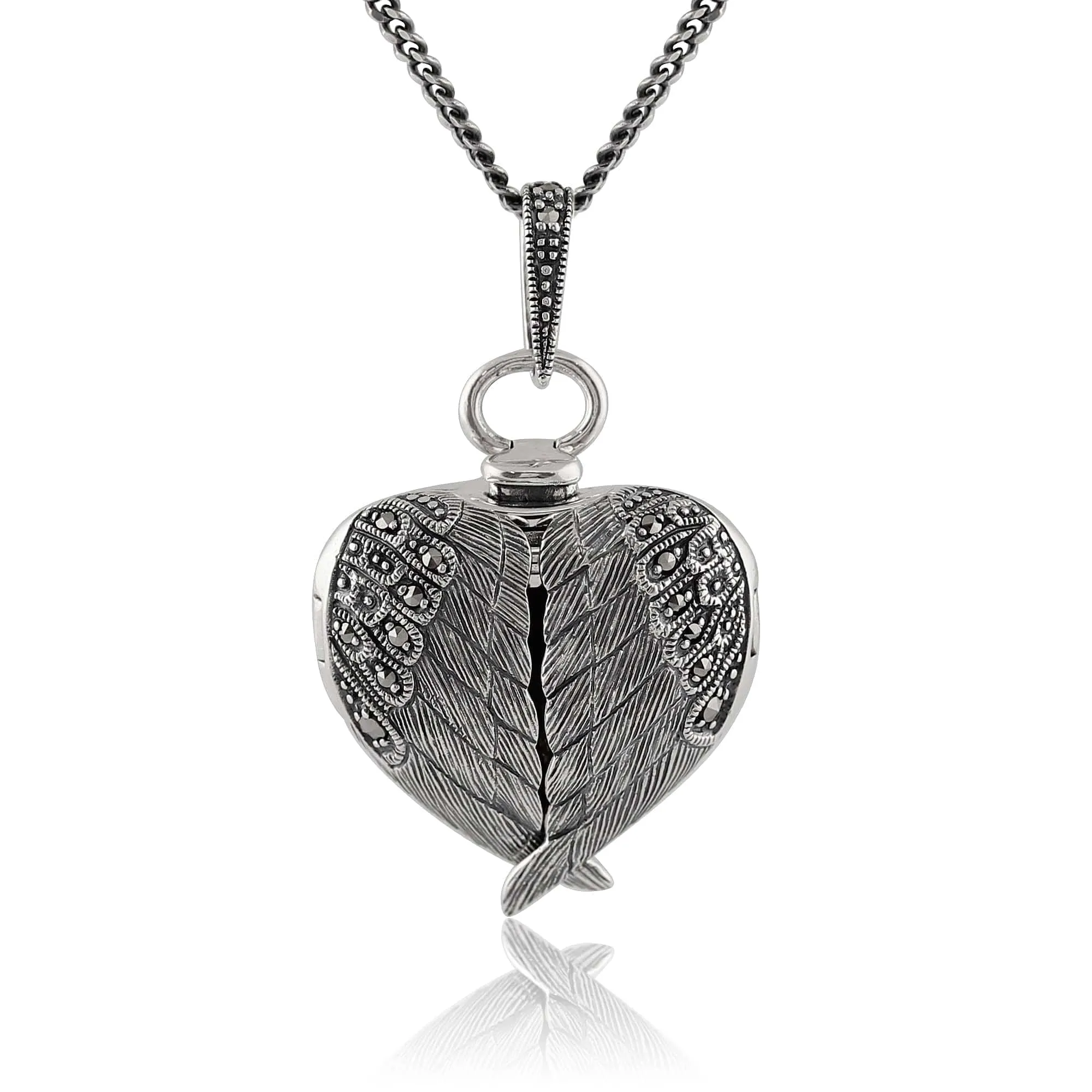 Art Nouveau Style Round Marcasite Angel Wing Heart Locket on Chain in 925 Sterling Silver sold by Gemondo Jewellery