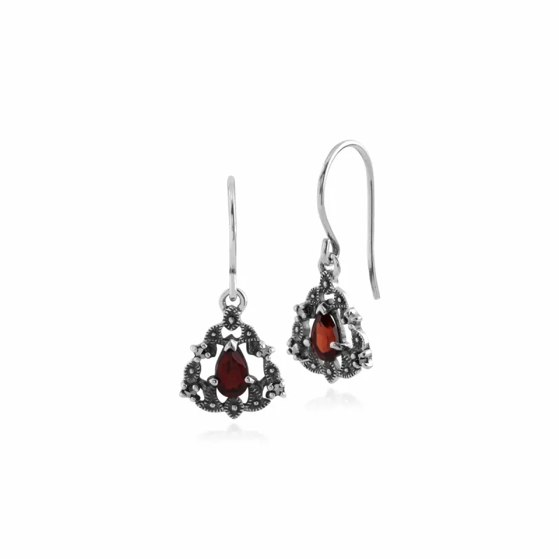 Art Nouveau Style Pear Garnet & Marcasite Garland Drop Earrings in Silver sold by Gemondo Jewellery