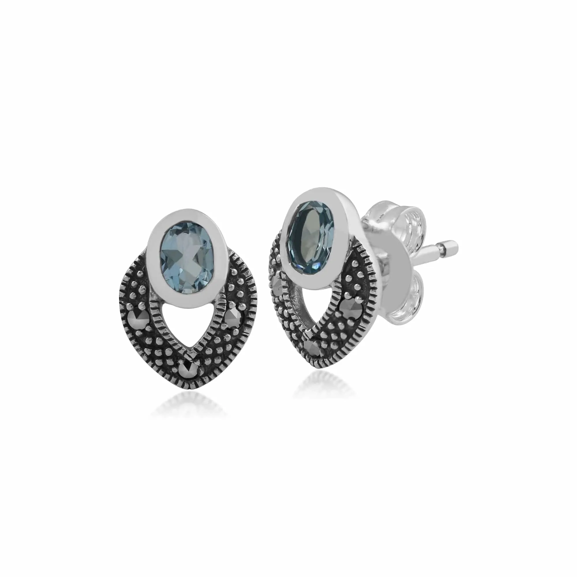 Art Deco Style Oval Aquamarine & Marcasite Stud Earrings in 925 Sterling Silver sold by Gemondo Jewellery