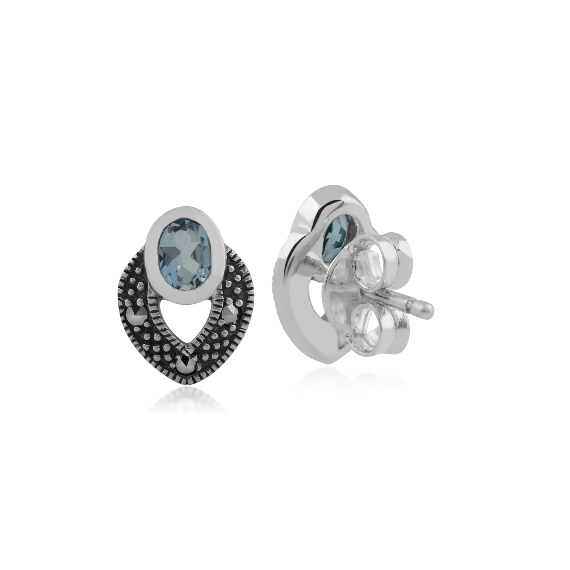 Art Deco Style Oval Aquamarine & Marcasite Stud Earrings in 925 Sterling Silver sold by Gemondo Jewellery product image thumbnail 2