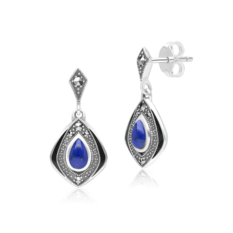 Art Deco Style Kite Lapis Lazuli and Marcasite Drop Earrings in Sterling Silver sold by Gemondo Jewellery