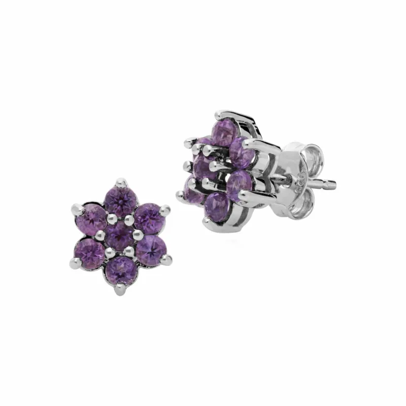Floral Round Amethyst Cluster Stud Earrings in 925 Sterling Silver sold by Gemondo Jewellery