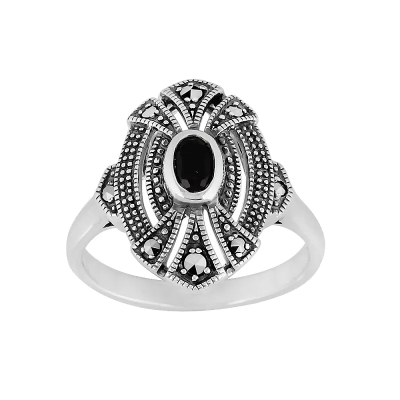 Art Deco Style Oval Black Onyx & Marcasite Cocktail Ring in 925 Sterling Silver sold by Gemondo Jewellery