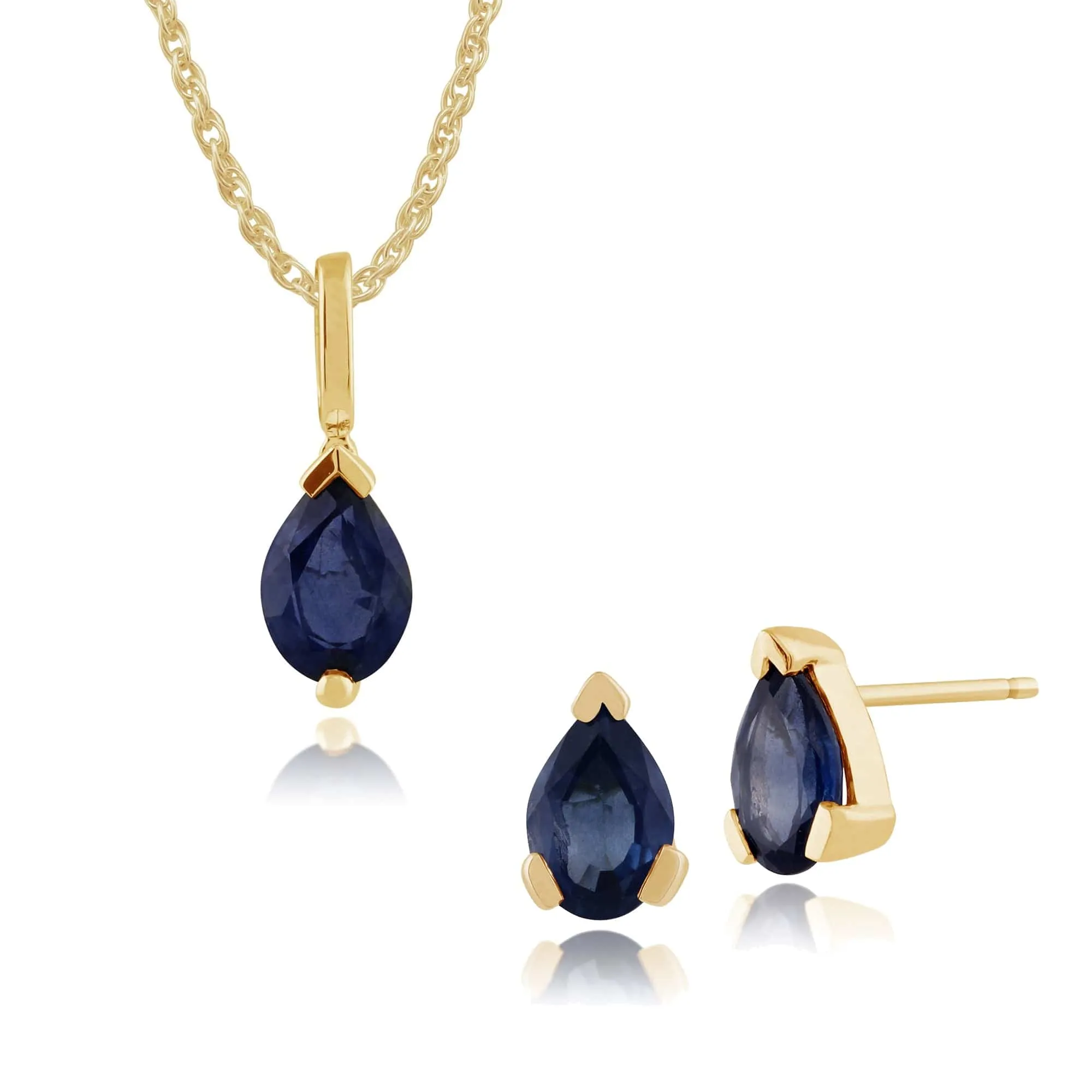 Classic Pear Sapphire Single Stone Stud Earrings & Pendant Set in 9ct Yellow Gold sold by Gemondo Jewellery