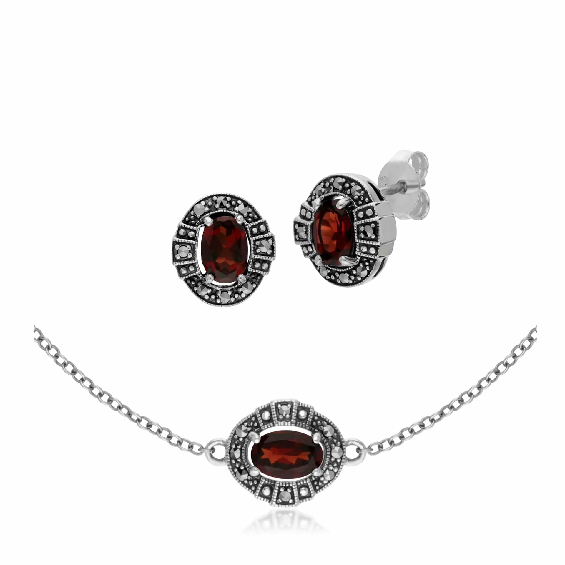 Art Deco Style Oval Garnet and Marcasite Cluster Stud Earrings & Bracelet Set in 925 Sterling Silver sold by Gemondo Jewellery